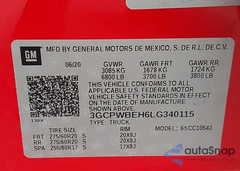 2020 Chevrolet Silverado 1500 2Wd Short Bed Custom z USA, uszkodzony, nr VIN 3GCPWBEH6LG340115